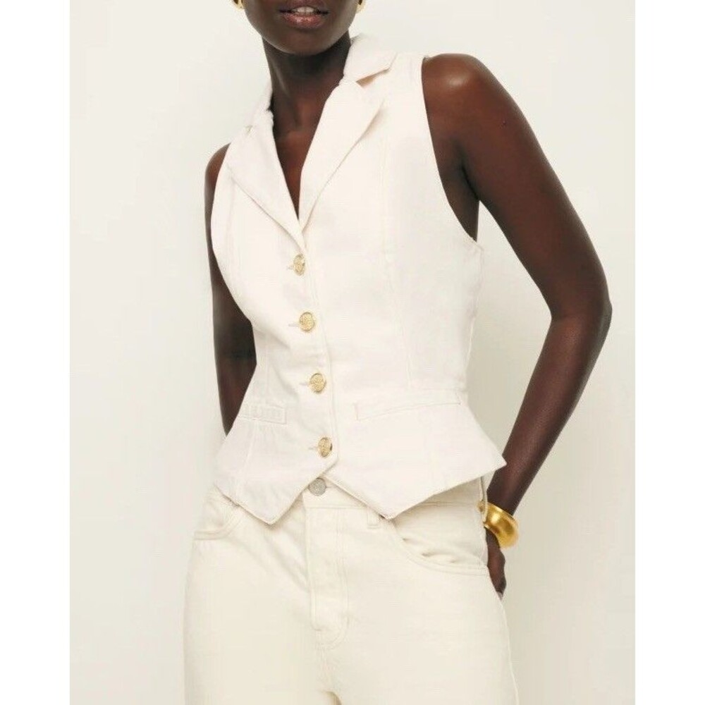 Reformation Nova Denim Vest Fior Di Late Gold Button Tailored Waistcoat Size 4